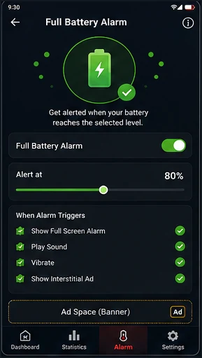 FULL BATTERY & THEFT ALARM — Full battery alarm